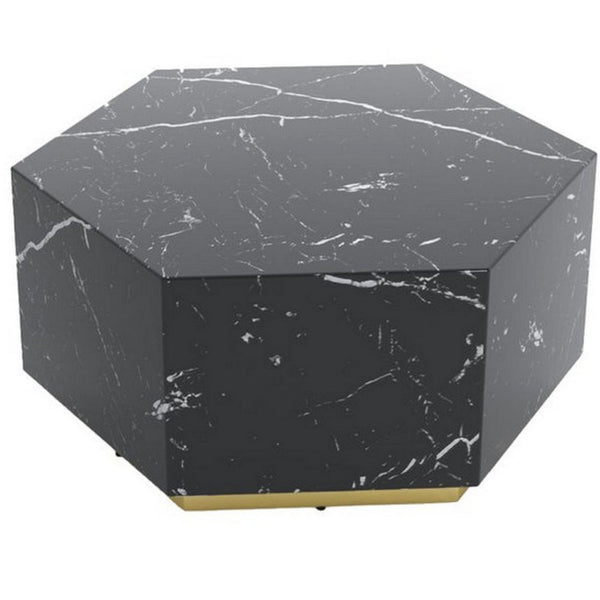 Hexi 35 Inch Coffee Table, Hexagonal, Black Faux Marble Design, Gold Base - BM315407