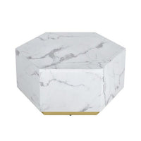 Hexi 35 Inch Coffee Table, Hexagonal, White Marble Design, Gold Base - BM315408