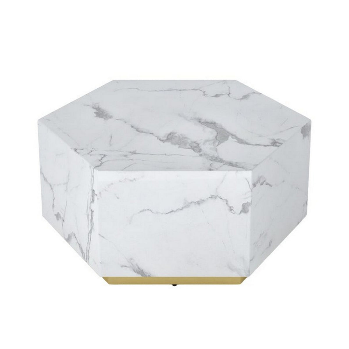 Hexi 35 Inch Coffee Table, Hexagonal, White Marble Design, Gold Base - BM315408