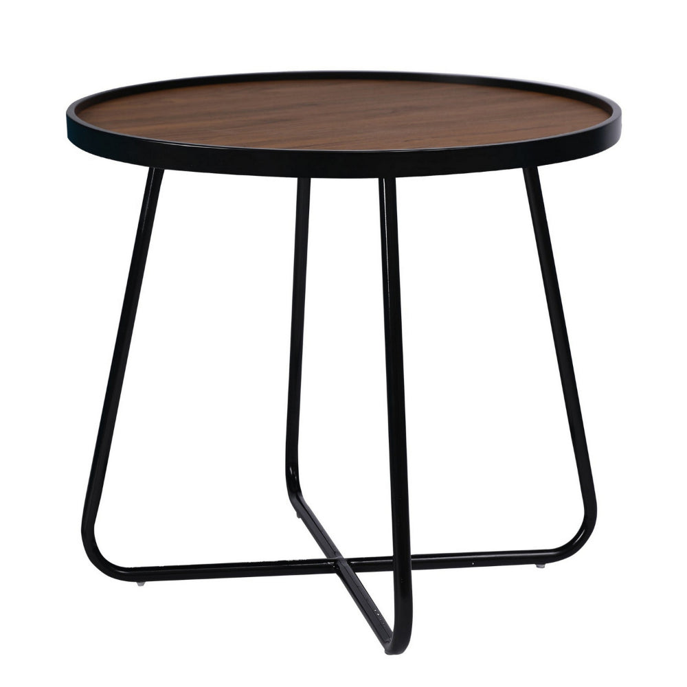 Lei 24 Inch Side End Table, Round Top, Black Metal Cross Base, Walnut Brown - BM315413