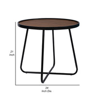 Lei 24 Inch Side End Table, Round Top, Black Metal Cross Base, Walnut Brown - BM315413