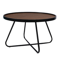 Lei 28 Inch Coffee Table, Round Top Crossed Base, Black Metal, Walnut Brown - BM315414