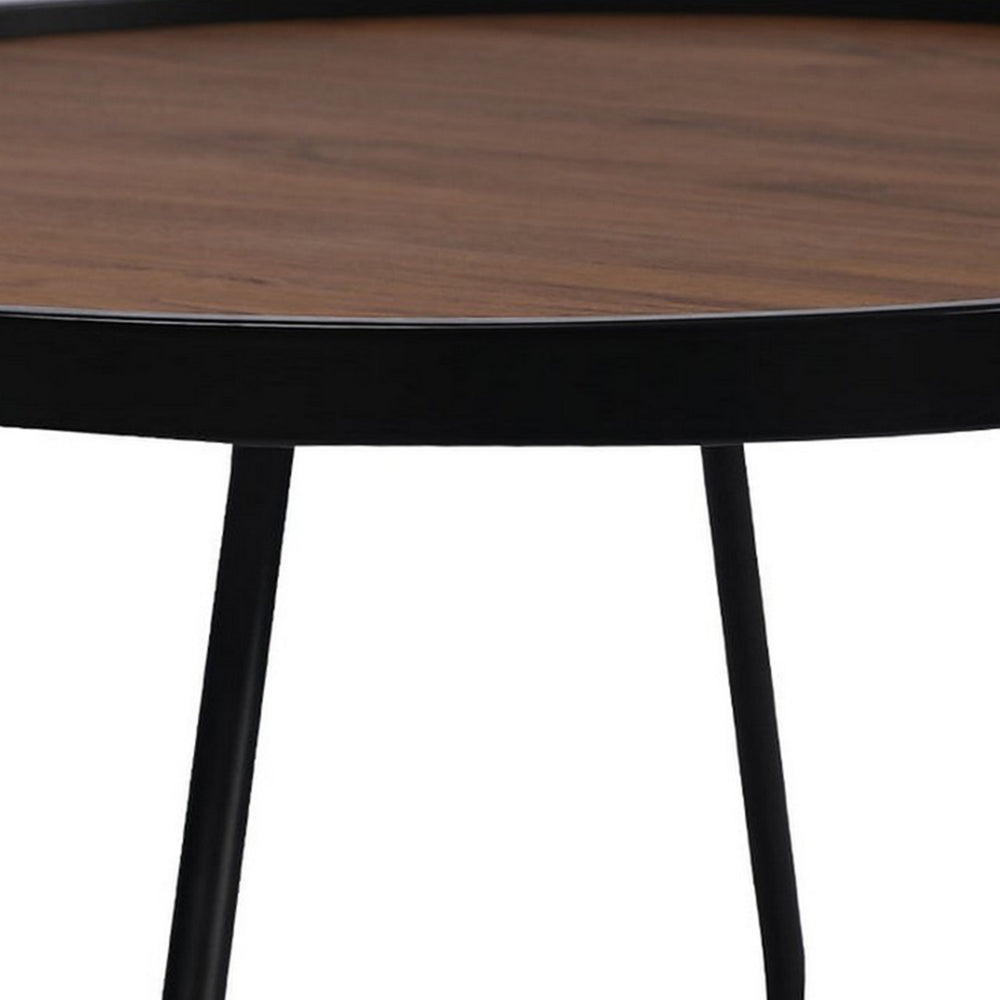 Lei 28 Inch Coffee Table, Round Top Crossed Base, Black Metal, Walnut Brown - BM315414