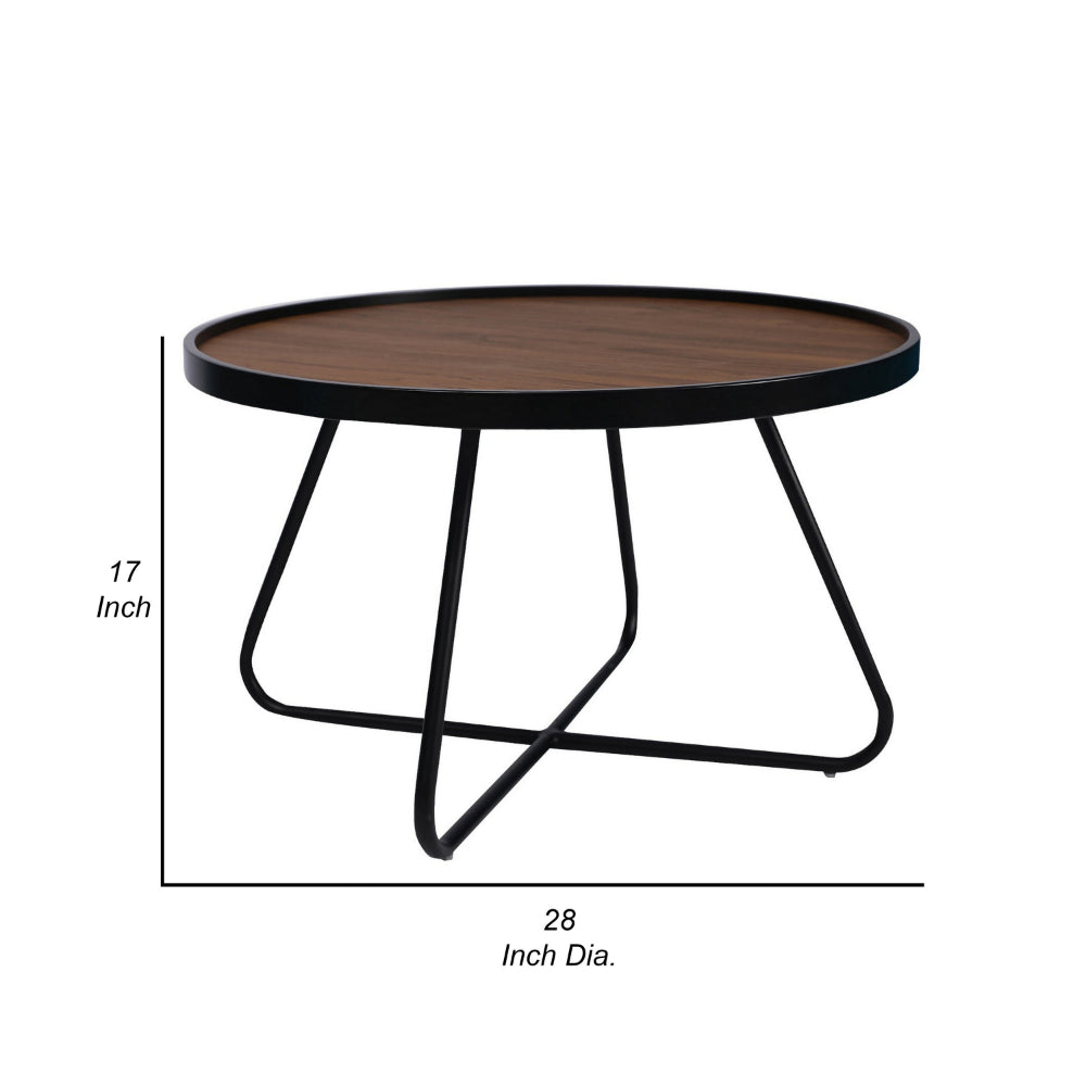 Lei 28 Inch Coffee Table, Round Top Crossed Base, Black Metal, Walnut Brown - BM315414