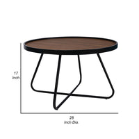 Lei 28 Inch Coffee Table, Round Top Crossed Base, Black Metal, Walnut Brown - BM315414