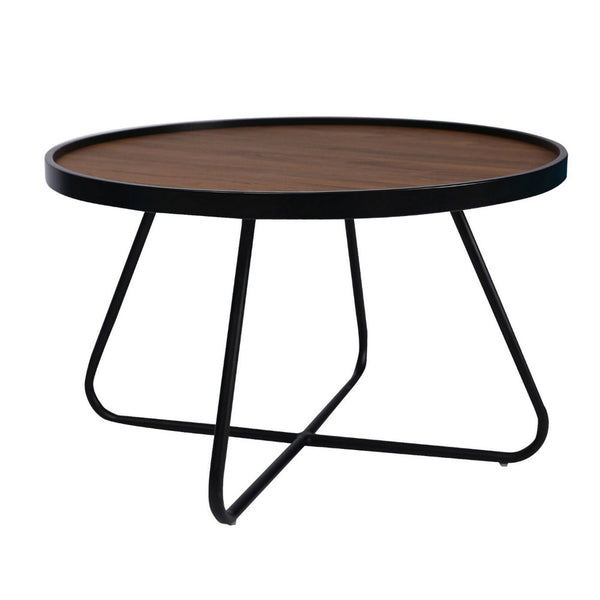 Lei 28 Inch Coffee Table, Round Top Crossed Base, Black Metal, Walnut Brown - BM315414