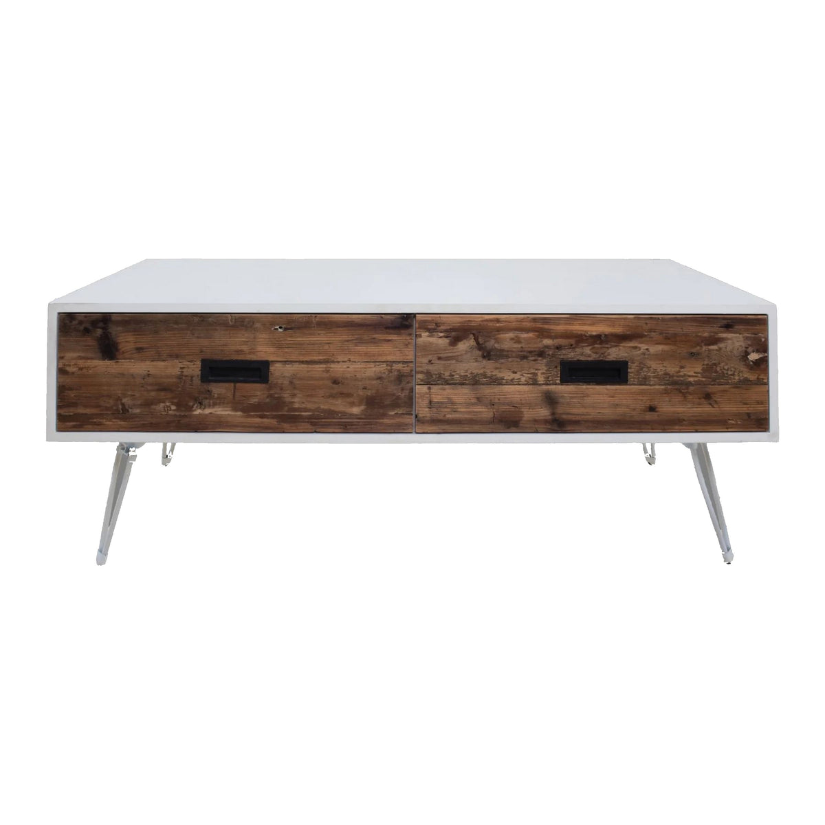 Fem 48 Inch Modern Coffee Table, 2 Drawers, Angled Base, White Brown Wood - BM315415