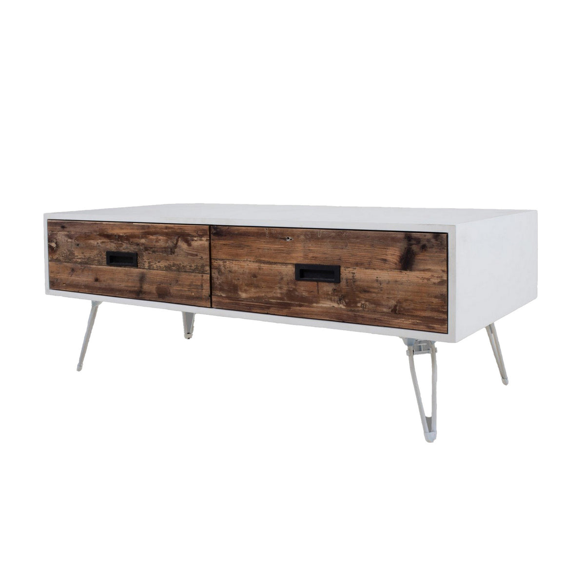 Fem 48 Inch Modern Coffee Table, 2 Drawers, Angled Base, White Brown Wood - BM315415