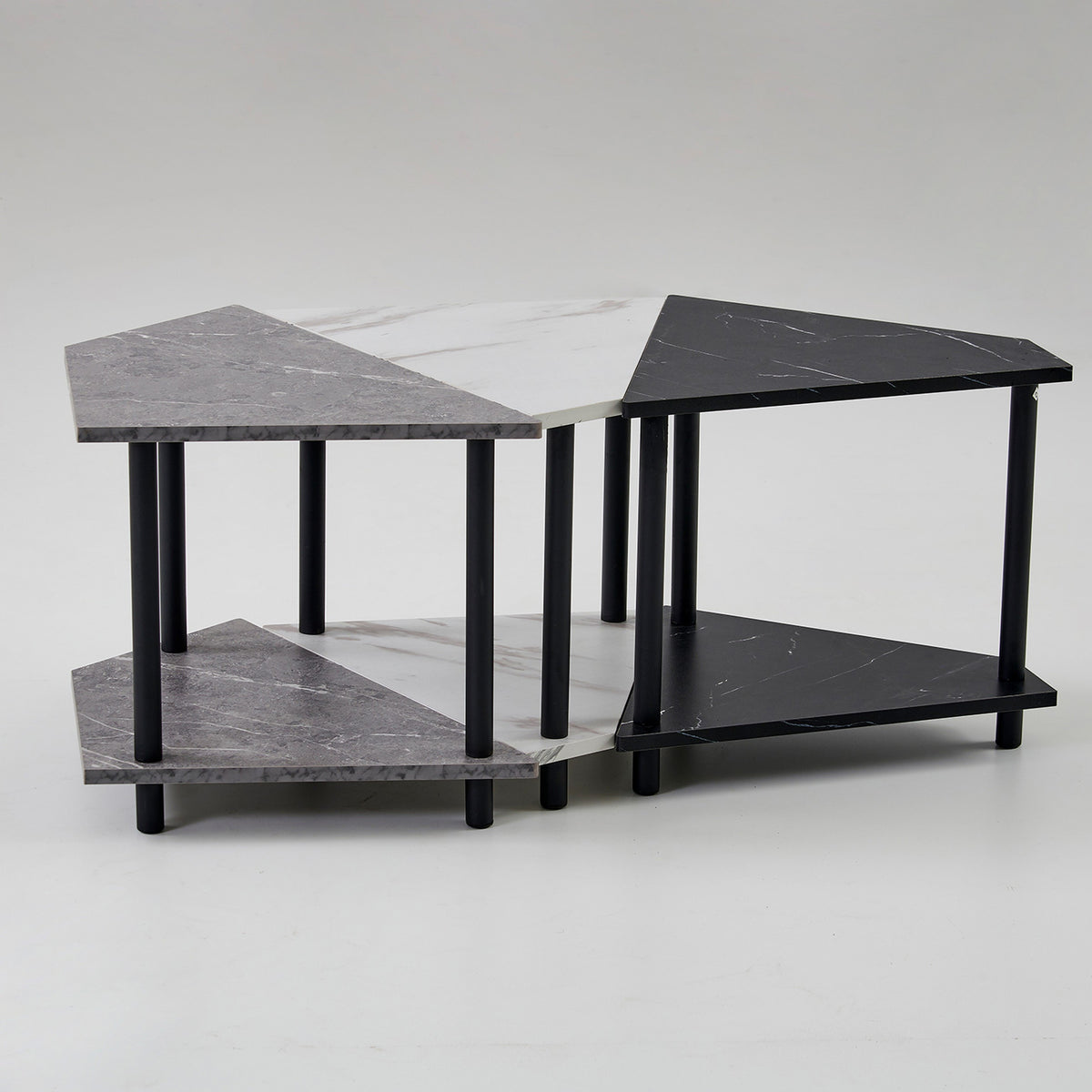 Shy 3 Piece Coffee Table Set, 2 Tier Geometric Shelves, Black, Gray, White - BM315420