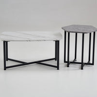 Shy Coffee and End Table Set of 2, White Geometric Top, Gray, Black Steel - BM315421