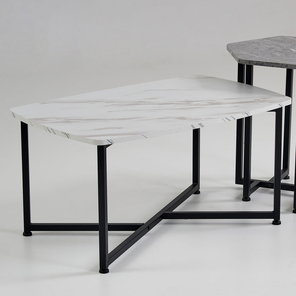 Shy Coffee and End Table Set of 2, White Geometric Top, Gray, Black Steel - BM315421