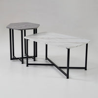 Shy Coffee and End Table Set of 2, White Geometric Top, Gray, Black Steel - BM315421