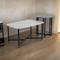 Shy Coffee and End Table Set of 2, White Geometric Top, Gray, Black Steel - BM315421