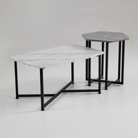 Shy Coffee and End Table Set of 2, White Geometric Top, Gray, Black Steel - BM315421