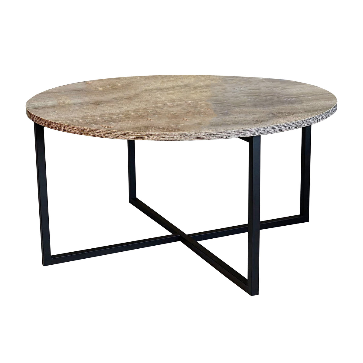 Jyn 34 Inch Coffee Table, Round Top, Black Crossed Base, Walnut Brown Wood - BM315423