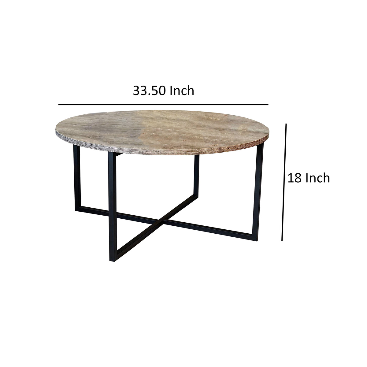 Jyn 34 Inch Coffee Table, Round Top, Black Crossed Base, Walnut Brown Wood - BM315423