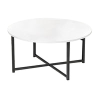 Jyn 34 Inch Coffee Table, Round Top, Cross Base, Black Steel, White Wood - BM315424