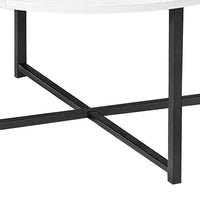 Jyn 34 Inch Coffee Table, Round Top, Cross Base, Black Steel, White Wood - BM315424