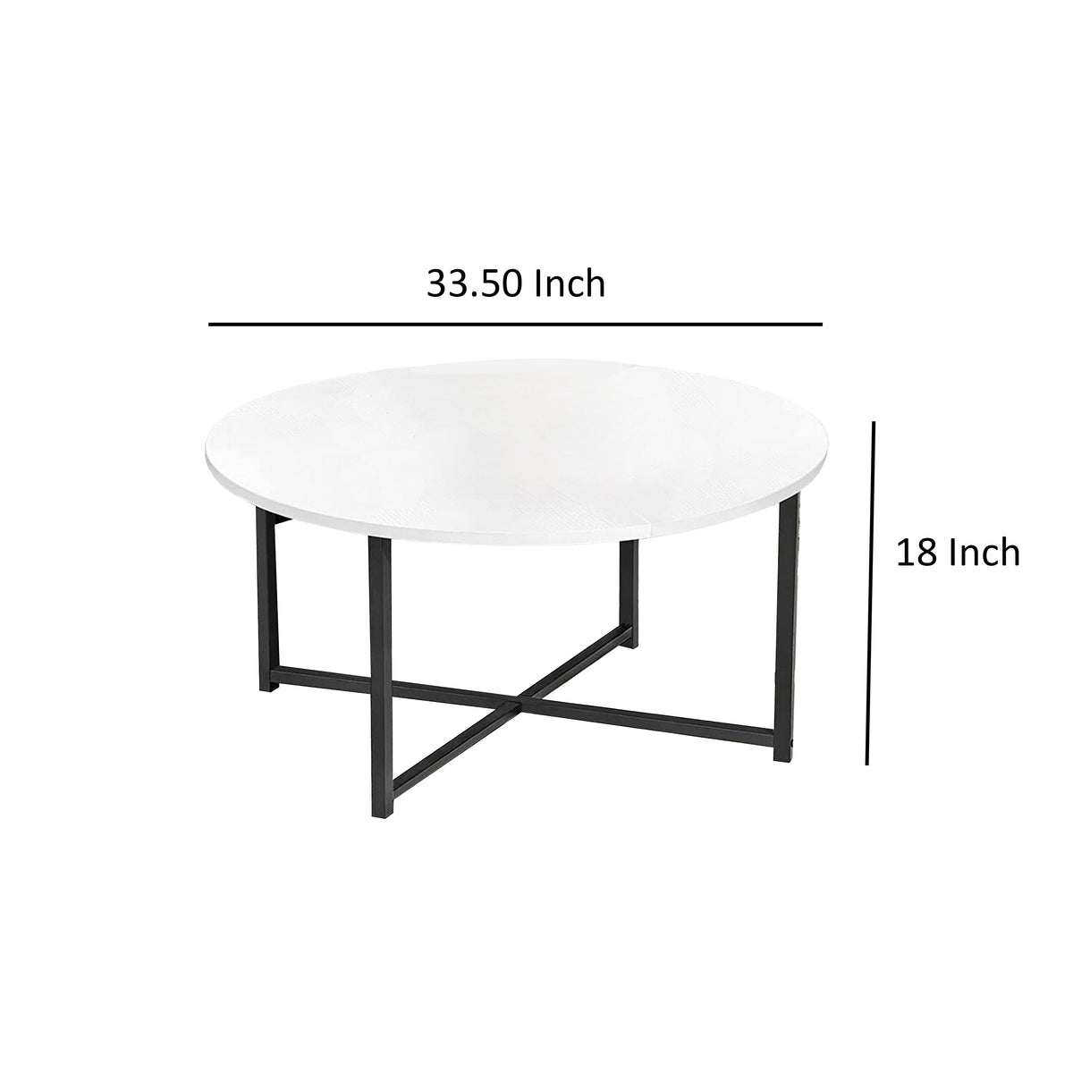 Jyn 34 Inch Coffee Table, Round Top, Cross Base, Black Steel, White Wood - BM315424