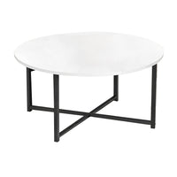 Jyn 34 Inch Coffee Table, Round Top, Cross Base, Black Steel, White Wood - BM315424