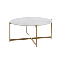 Jyn 34 Inch Coffee Table, White Wood Round Top, Gold Steel Cross Base - BM315425