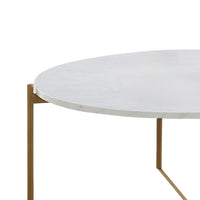 Jyn 34 Inch Coffee Table, White Wood Round Top, Gold Steel Cross Base - BM315425