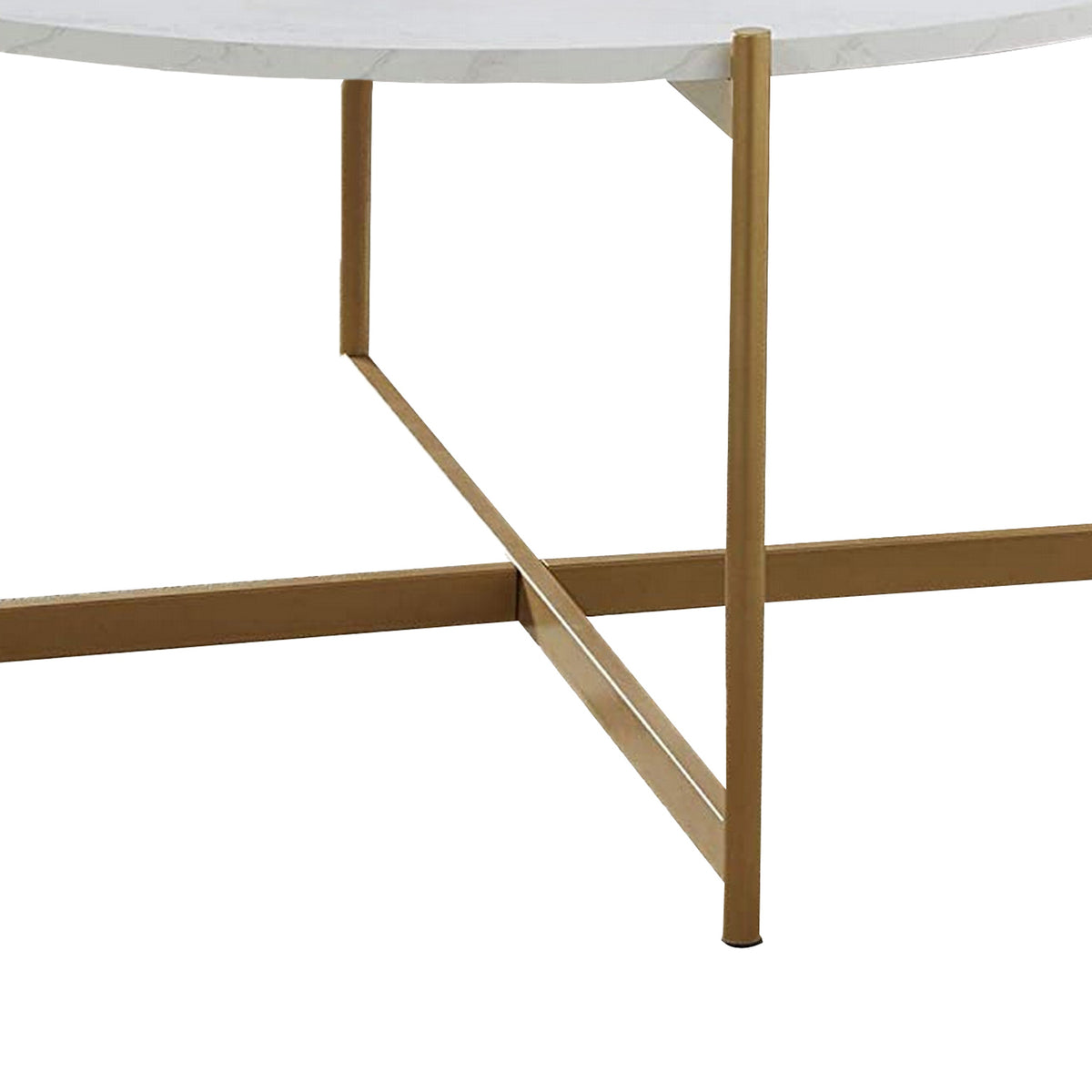 Jyn 34 Inch Coffee Table, White Wood Round Top, Gold Steel Cross Base - BM315425