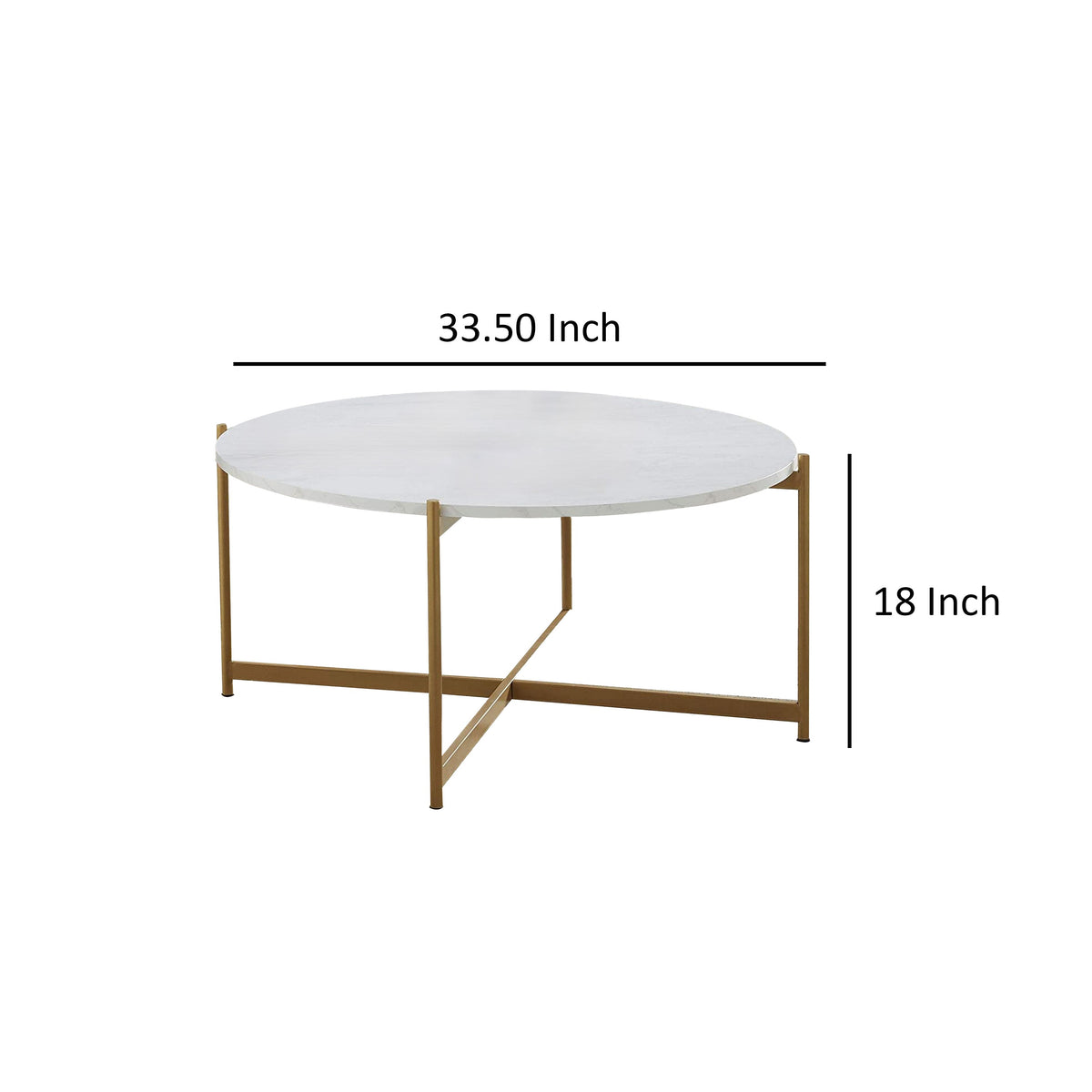 Jyn 34 Inch Coffee Table, White Wood Round Top, Gold Steel Cross Base - BM315425