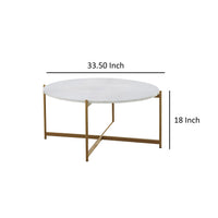 Jyn 34 Inch Coffee Table, White Wood Round Top, Gold Steel Cross Base - BM315425