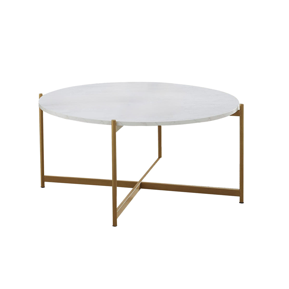 Jyn 34 Inch Coffee Table, White Wood Round Top, Gold Steel Cross Base - BM315425