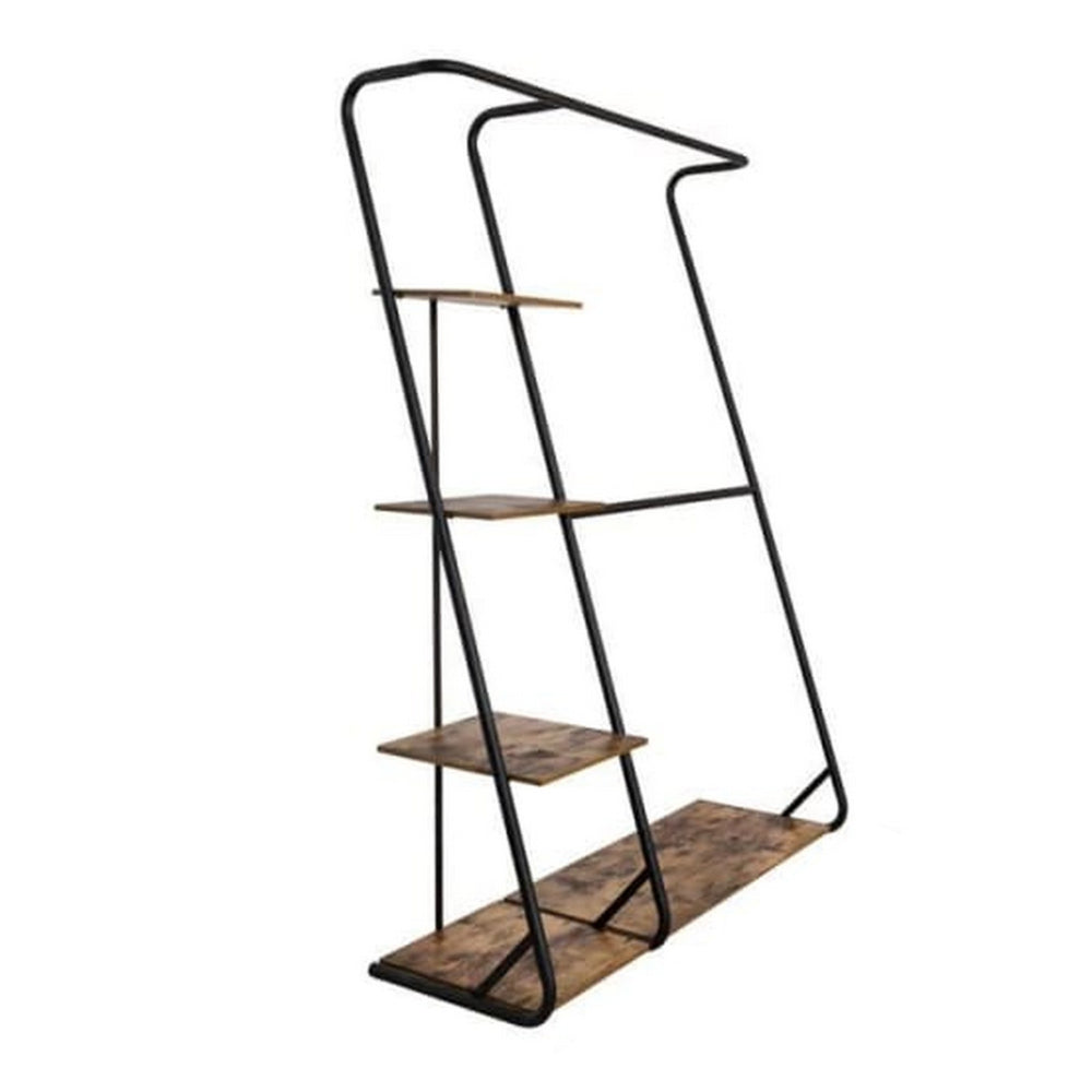 68 Inch Clothing Hanging Rack, 3 Shelves, Z Shaped Black Metal Frame, Wood - BM315427