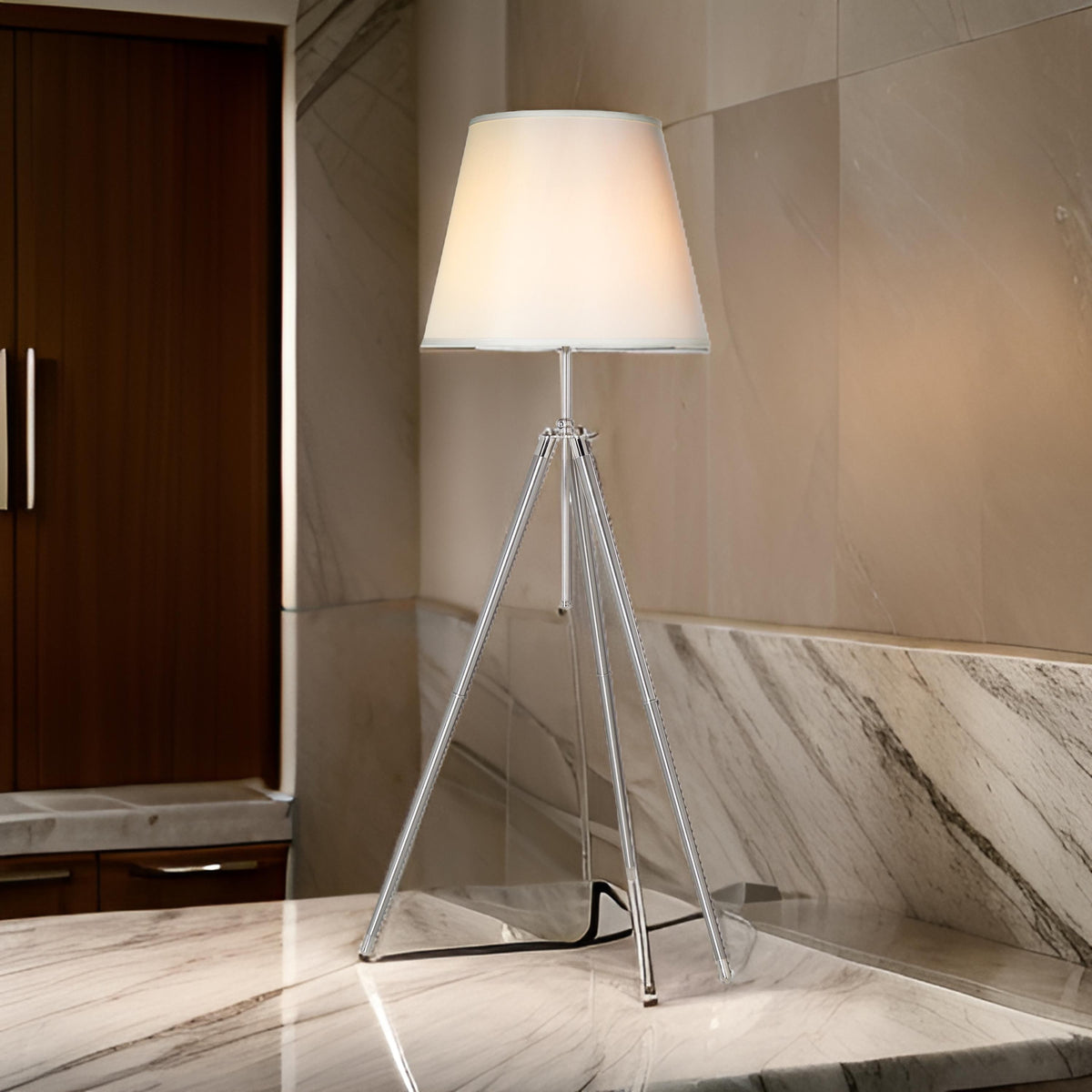 66 Inch Floor Lamp with White Drum Shade, Modern Chrome Metal Tripod Base - BM315444