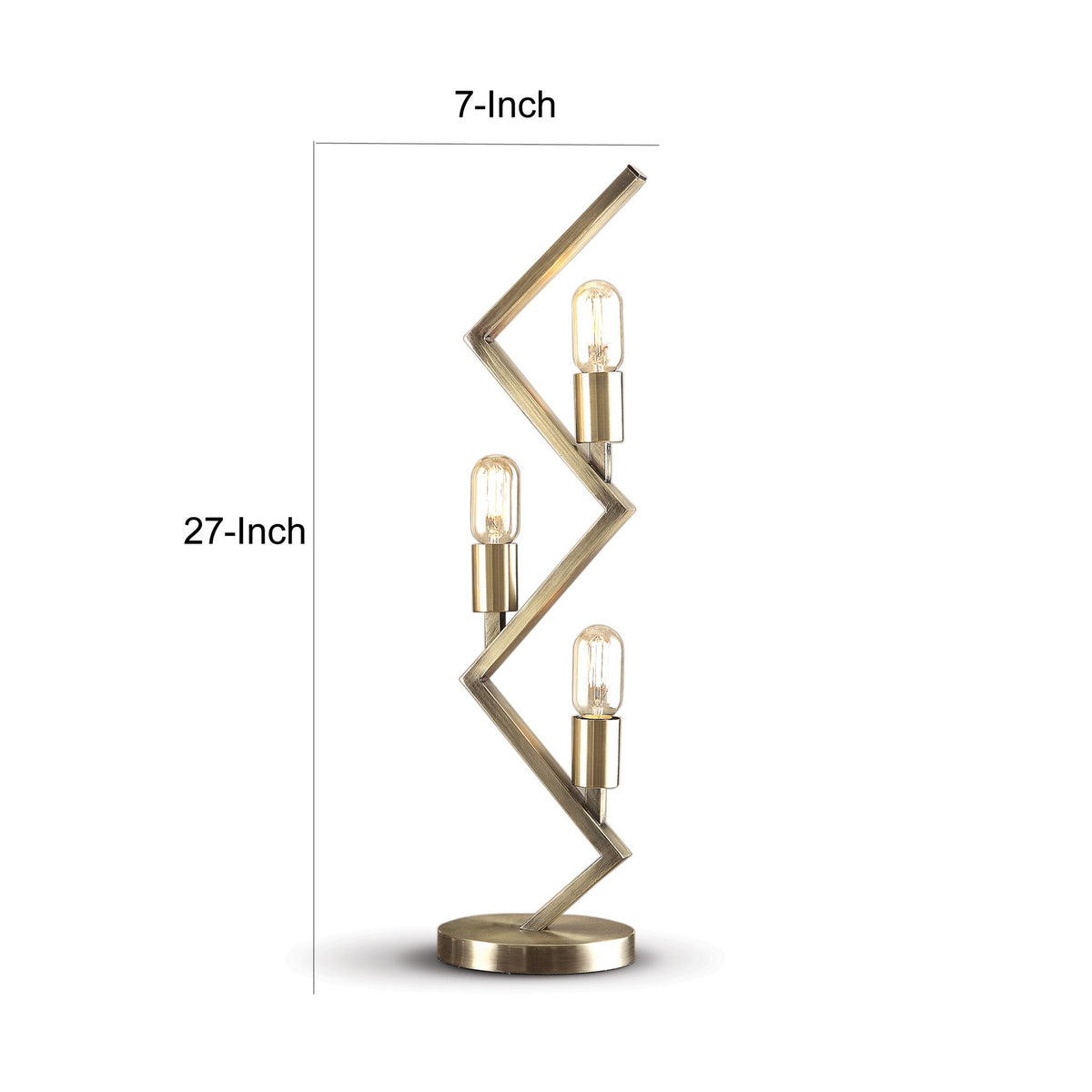 27 Inch Accent Table Lamp, 3 Light Zig Zag Design, Round Base, Brass Metal - BM315446