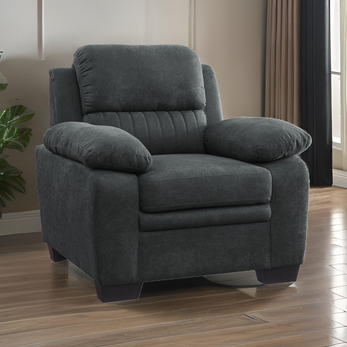 Hugh 36 Inch Accent Chair, Dark Gray Polyester, Foam Cushioned, Solid Wood - BM315493