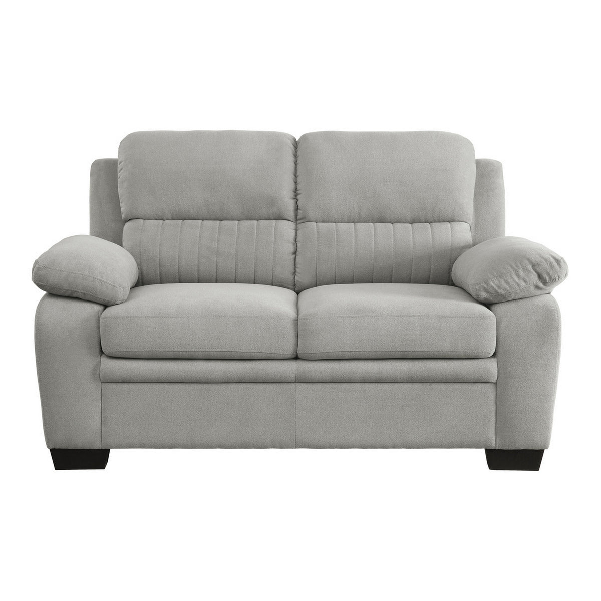 Hugh 58 Inch Loveseat, Gray Polyester, Soft Foam Cushioned, Solid Wood - BM315496