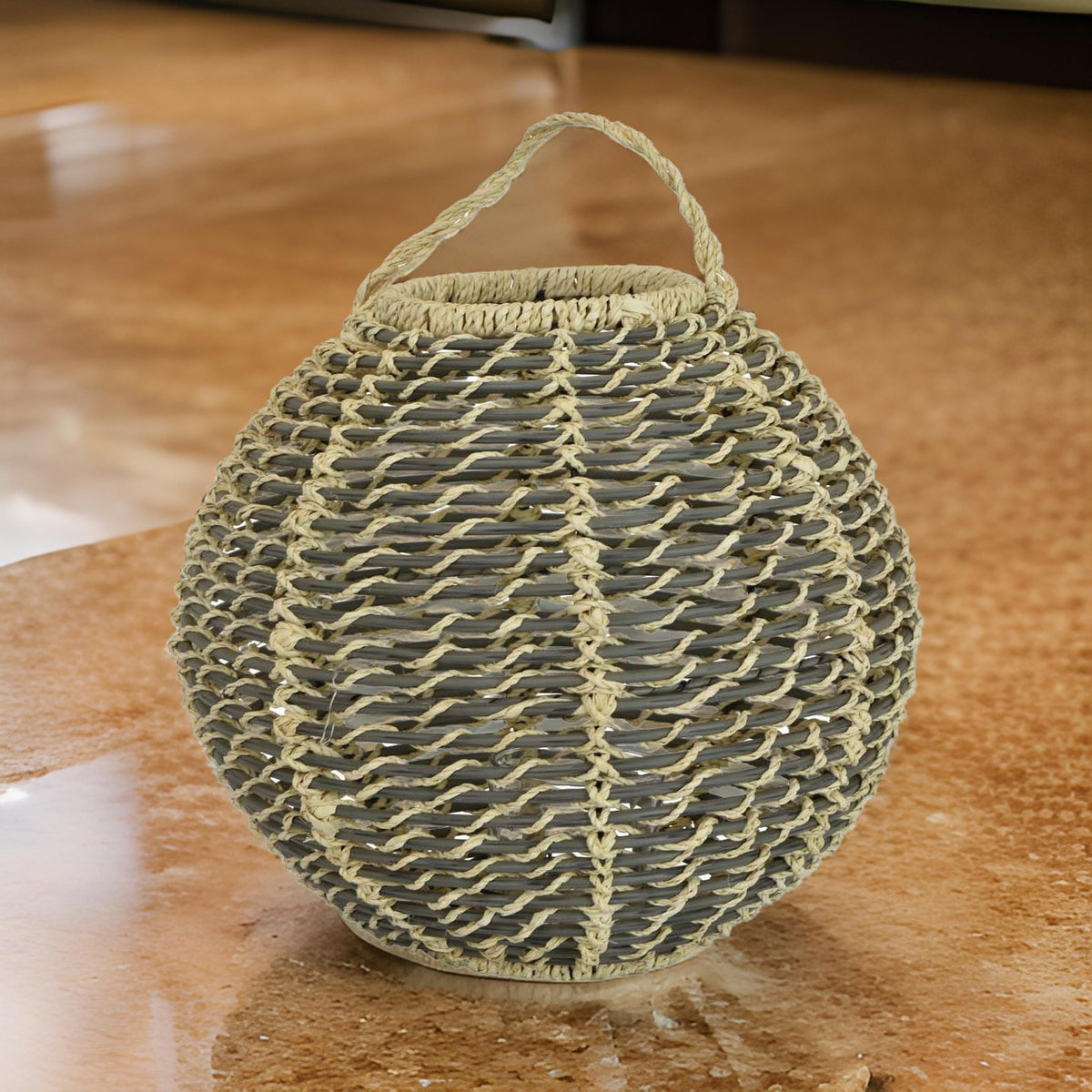 Hani 17 Inch Tabletop Decor Lantern, Beige Woven Fiber, Oval Shape, Gray - BM315587