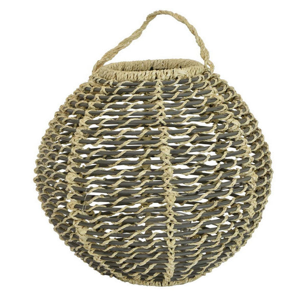 Hani 17 Inch Tabletop Decor Lantern, Beige Woven Fiber, Oval Shape, Gray - BM315587