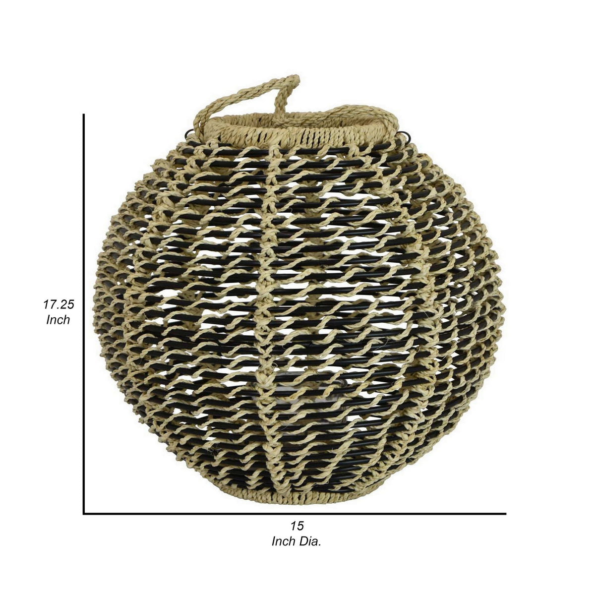 Hani 17 Inch Tabletop Decor Lantern, Beige Woven Fiber, Oval Shape, Black - BM315589