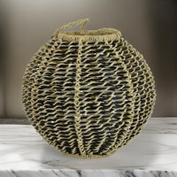 Hani 17 Inch Tabletop Decor Lantern, Beige Woven Fiber, Oval Shape, Black - BM315589