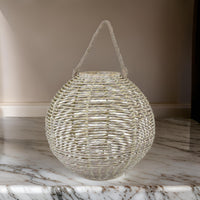 Hani 17 Inch Tabletop Decor Lantern, Woven Fiber Frame, Oval Shape, White - BM315591