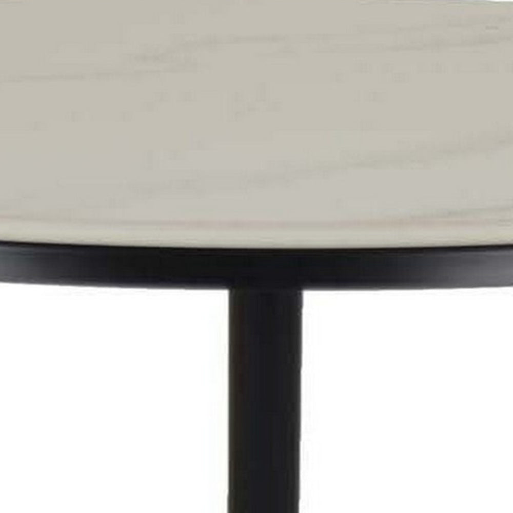 Tavi 24 Inch Plant Stand Side Table, Round White Marble Top, Black Metal - BM315595