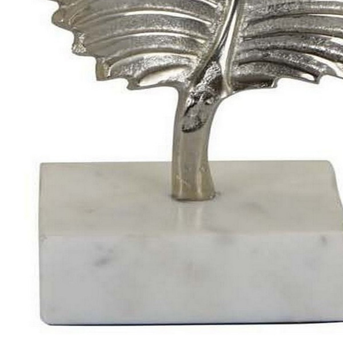 Boki 14 Inch Tabletop Decoration, Silver Leaf Sculpture, White Round Base - BM315598