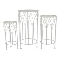 Lyi Plant Stand Table Set of 3, Round Carved Cutout, Wired Base White Metal - BM315610