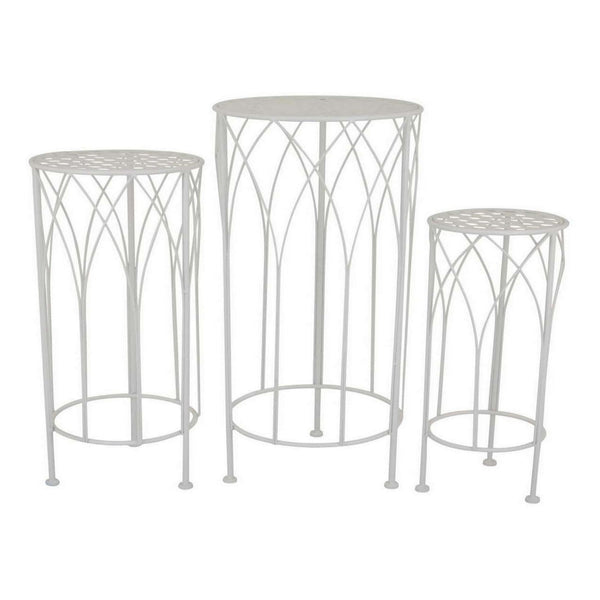 Lyi Plant Stand Table Set of 3, Round Carved Cutout, Wired Base White Metal - BM315610