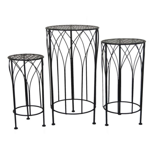 Lyi Plant Stand Table Set of 3, Round Carved Cutout, Wired Base Black Metal - BM315611