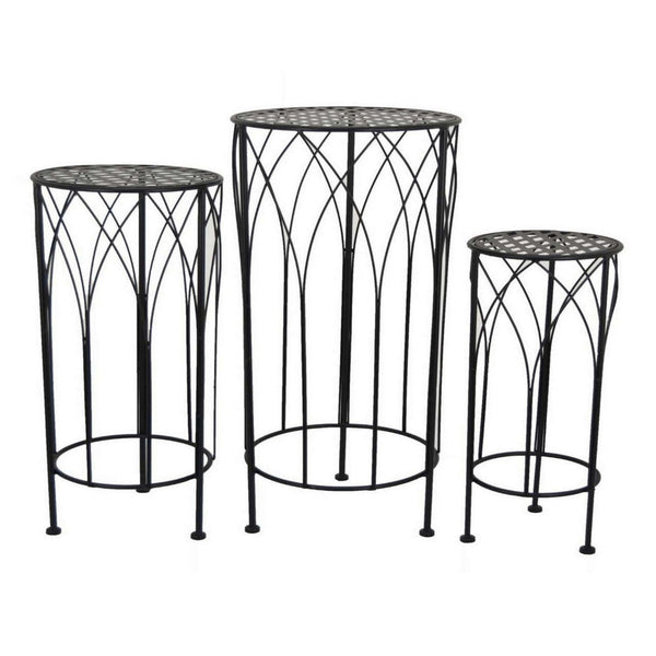 Lyi Plant Stand Table Set of 3, Round Carved Cutout, Wired Base Black Metal - BM315611