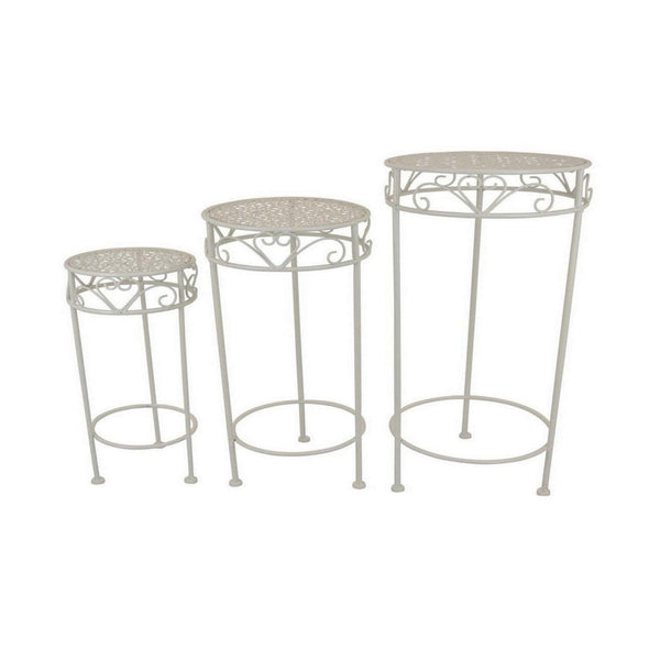 Kyi Nesting Plant Stand Set of 3, Round Carved Cutout Display, Ivory Metal - BM315620