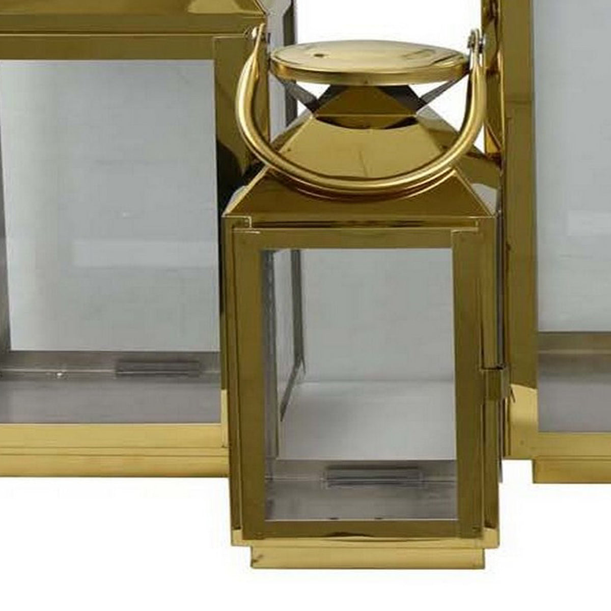 Davi Set of 3 Decorative Lanterns, Curved Handles, Glass Panel, Brass Metal - BM315626