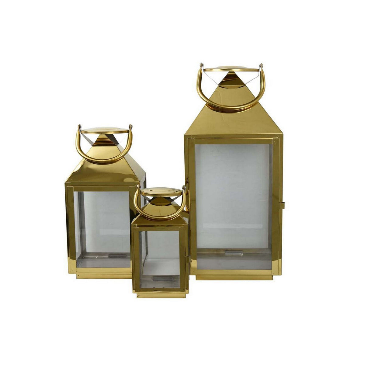 Davi Set of 3 Decorative Lanterns, Curved Handles, Glass Panel, Brass Metal - BM315626