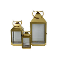 Davi Set of 3 Decorative Lanterns, Curved Handles, Glass Panel, Brass Metal - BM315626